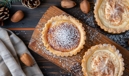Three mini cream pies with cinnamon and powdered sugar sprinkled on top, surrounded by pine needles, pinecones, and cinnamon sticks on a rustic wooden surface.の素材