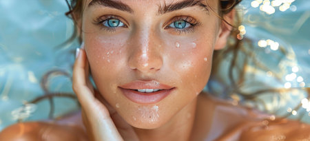A close-up view of a woman with blue eyes, smiling brightly.の素材