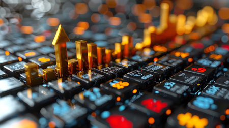 A close-up view of a computer keyboard with a prominent arrow key highlighted.の素材