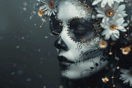 A woman with a sugar skull makeup design stars intensely at the camera. She wears a black lace headpiece with feathers.の素材