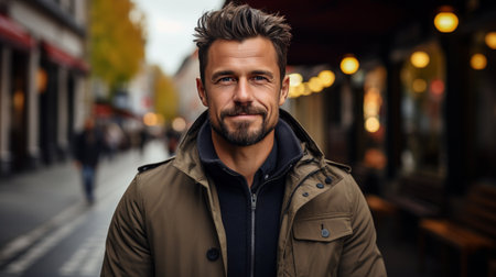 A man stands on a bustling city street as a train passes by behind him, surrounded by urban buildings and busy pedestrians.の素材