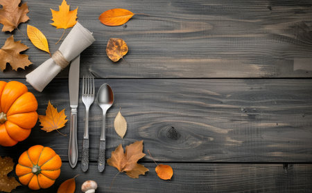 A wooden table with a fall-inspired table setting, featuring a set of silverware, pumpkins, autumn leaves, pinecones, and other fall-themed decorations.の素材