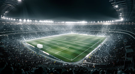 A packed stadium under bright lights, with a green field and goalposts in the center. The crowd is cheering and waving their hands.の素材