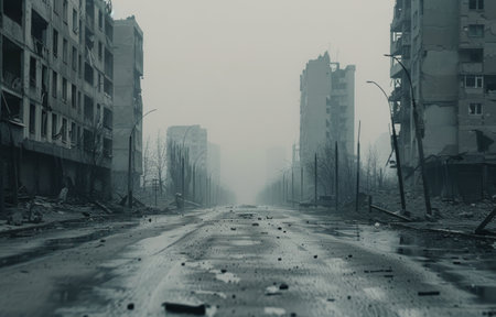 A street in a city is covered in rubble and debris. The buildings on either side are damaged and destroyed, with windows broken and crumbling walls. The sky is overcast and the air is thick with dust.の素材