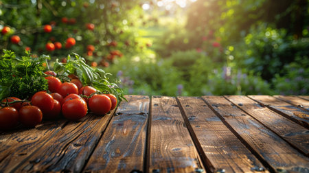 A wooden table covered with a variety of ripe tomatoes in different shapes and sizes.の素材