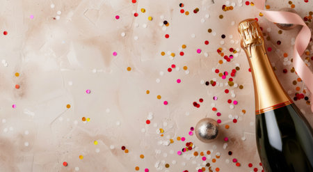 A bottle of champagne lies on a pink surface, surrounded by colorful confetti, ornaments, and a ribbon.の素材