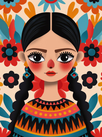 A young girl with dark hair and large eyes wears a traditional Mexican outfit, including a colorful floral headband and necklace. The background is a vibrant pattern of flowers.の素材