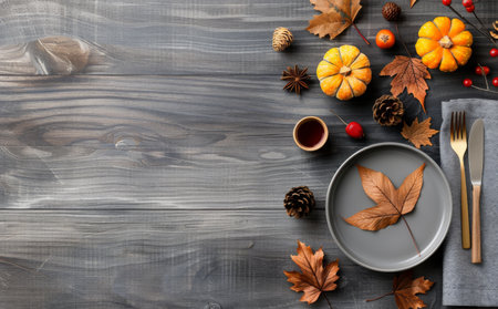 A white plate with a white napkin and a black fork sits on a rustic wooden table. A sprig of berries and fall foliage lies on the table beside the plate.の素材
