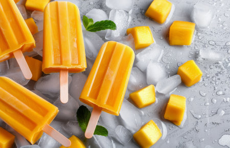 Mango popsicles on a metal platter surrounded by ice cubes. A fresh sprig of mint adds a touch of green to the scene.の素材