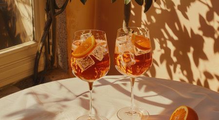 Two glasses filled with red wine and adorned with fresh orange slices on a wooden table.の素材