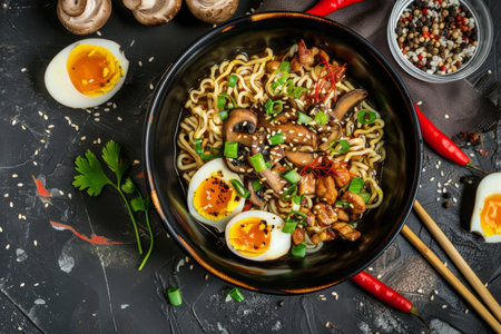 A bowl filled with cooked noodles, mushrooms, and eggs, creating a hearty and flavorful dish.の素材