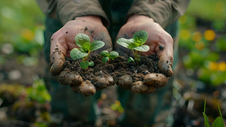 A person is holding a plant in their hands, showing care and connection to nature.の素材