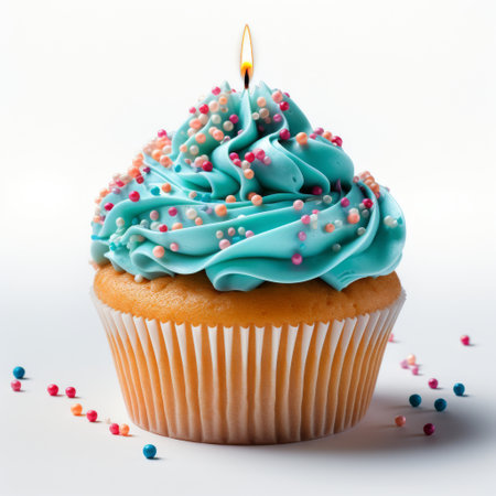 A single cupcake topped with bright blue frosting and colorful sprinkles.の素材
