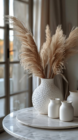 A white vase holding three lit candles placed on a tray.の素材