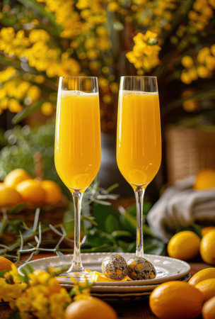 Two clear glasses filled with orange juice sitting on a white plate.の素材