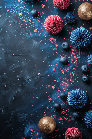 Blue and gold decorations stand out against a dark black background, creating a striking contrast.の素材