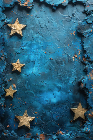 A painting featuring gold and red stars set against a vibrant blue background.の素材