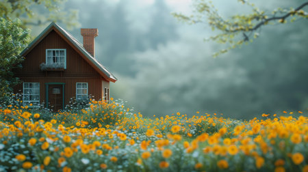 A house stands in the center of a vast field of colorful flowers under a clear sky.の素材