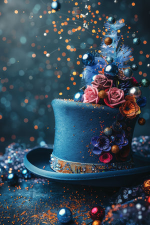 A blue hat embellished with colorful flowers placed on a surface.の素材