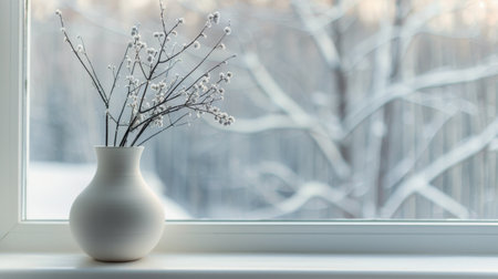 A white vase is placed on top of a window sill.の素材