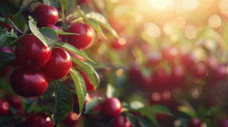A cluster of berries dangle from branches on a tree, ready for picking or consumption.の素材