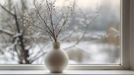 A white vase is placed on top of a window sill.の素材