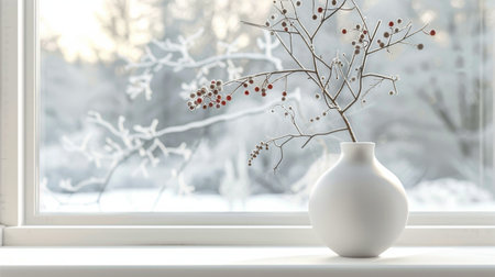 A white vase is placed on top of a window sill.の素材