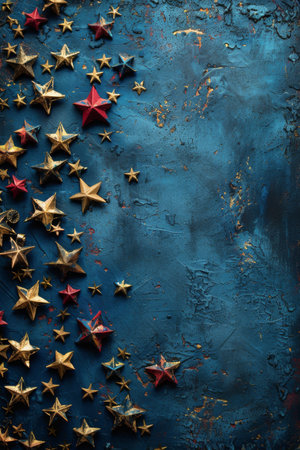 A painting featuring gold and red stars set against a vibrant blue background.の素材