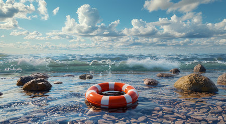 A red life preserver floating on the surface of the ocean.の素材