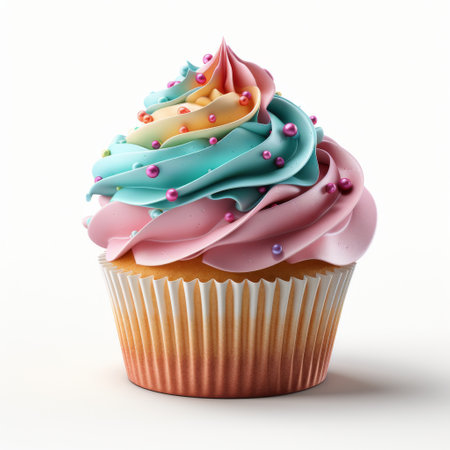 A single cupcake topped with bright blue frosting and colorful sprinkles.の素材