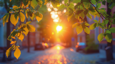 The suns rays shining through the green leaves of a tree, creating a dappled pattern on the ground.の素材
