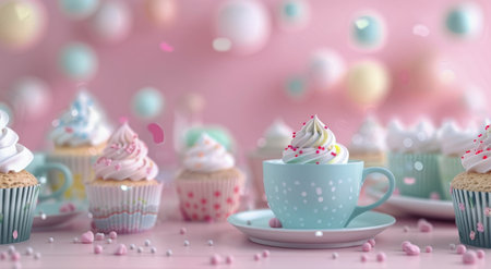 Three beautifully decorated cupcakes in pastel blue and pink sit on a plate, accompanied by delicate roses and a teapot, creating a charming and inviting dessert arrangement.の素材