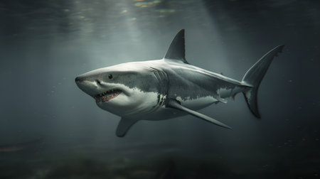 A great white shark glides gracefully through underwater grass, showing its powerful physique as light filters in from the surface during dusk.の素材
