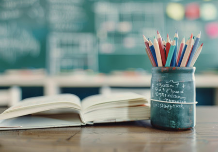 A vibrant collection of colored pencils stands in a holder beside an open book and neatly stacked textbooks, with a chalkboard filled with numbers and notes in the background.の素材