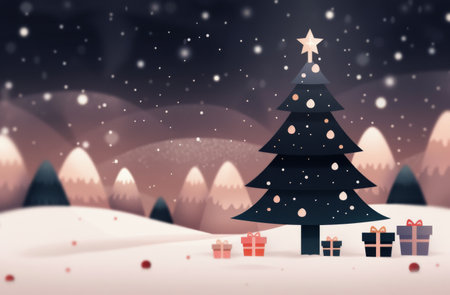 A beautifully decorated Christmas tree stands amidst falling snow, surrounded by colorful gifts. The twilight sky glows softly, contrasting with dark silhouettes of trees in the background.の素材