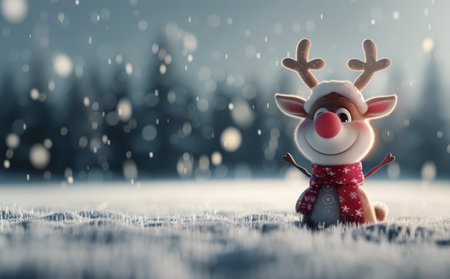 A joyful reindeer figurine wearing a red scarf stands amidst falling snowflakes and scattered ornaments, capturing the festive spirit of winter and the holiday season.の素材