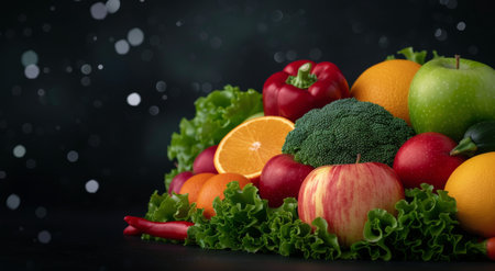 A colorful assortment of fresh fruits and vegetables, including apples, oranges, and broccoli, is artistically arranged on a dark surface, showing the vibrant colors and textures of each item.の素材