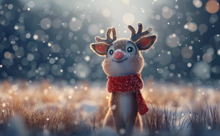 A joyful reindeer figurine wearing a red scarf stands amidst falling snowflakes and scattered ornaments, capturing the festive spirit of winter and the holiday season.の素材