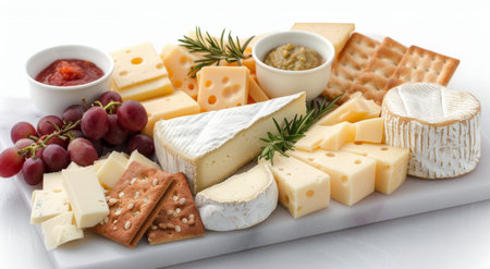 A wooden serving board displays a variety of cheeses, including brie and blue cheese, accompanied by fresh grapes and a sprig of mint for garnish, creating an inviting and colorful cheese platter.の素材