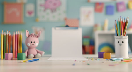 A colorful workspace arranged for kids features a blank sheet of paper, vibrant art supplies, and a cheerful stuffed bunny, encouraging creativity and imaginative play in a lively setting.の素材