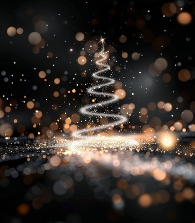 A shimmering Christmas tree sparkles brightly amid a dark background filled with glowing golden orbs, creating a magical holiday atmosphere.の素材