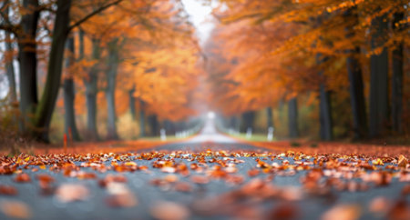 A tranquil gravel pathway stretches through a dense row of trees displaying brilliant autumn foliage, leading towards a distant horizon under a soft sky.の素材