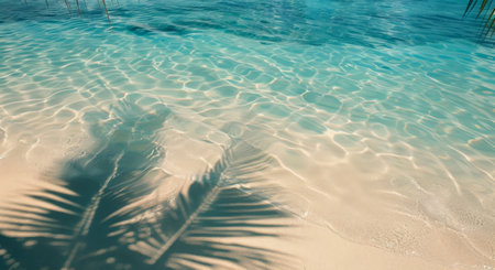 Gentle waves lap against a pristine sandy beach, casting beautiful shadows of palm fronds over the shimmering turquoise water under bright sunlight.の素材