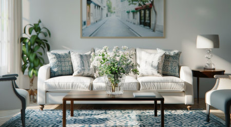 A beautifully arranged living room featuring a cozy white sofa adorned with decorative pillows. A glass vase filled with fresh flowers sits on a wooden coffee table, complemented by stylish furnishings and bright natural light.の素材