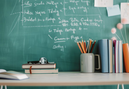 A classroom desk features stacked books and a cup of colorful pencils, with mathematical and scientific diagrams written on the chalkboard in the background, suggesting an educational environment.の素材