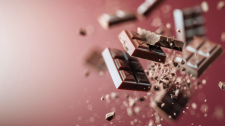 Chocolate bars and chips are captured mid-air, creating a dynamic explosion of sweet treats against a warm, blurred background, showing a delightful moment of culinary excitement and indulgence.の素材