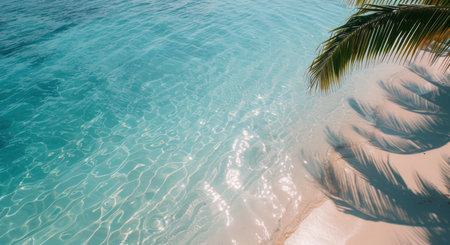 Crystal clear waters lap against the sandy beach, casting reflections from palm trees along the shoreline. The tranquil atmosphere captures the beauty of a peaceful morning by the sea.の素材