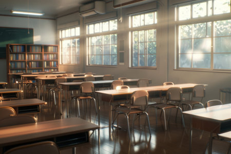 Bright sunlight filters into an empty classroom, casting warm beams across the desks and floor. The atmosphere is calm and serene, suggesting a moment of pause in an educational environment during the afternoon.の素材