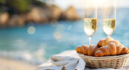 A basket of freshly baked croissants sits on a table by the water, paired with a glass of sparkling champagne as the sun sets, creating a warm and inviting atmosphere.の素材
