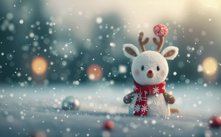 A whimsical reindeer figurine adorned with a red scarf stands in a snowy landscape, surrounded by soft snowfall and twinkling lights, evoking a cozy holiday spirit during wintertime.の素材